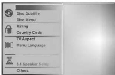 Disc Subtitle Disc Menu Rating Country Code TV Aspect Menu Language 5.1 Speaker Setup Others