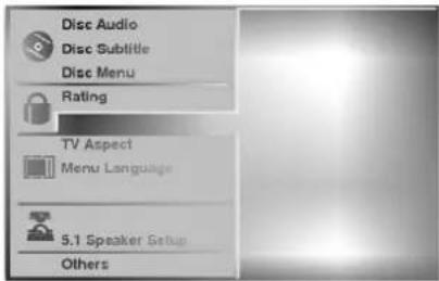 Disc Audio Disc Subtitle Disc Menu Rating TV Aspect Menu Language 5.1 Speaker Setup Others