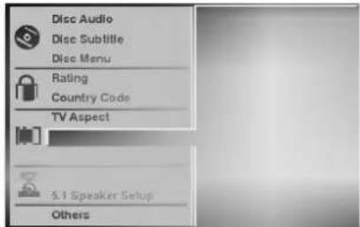 Disc Audio Disc Subtitle Disc Menu Rating Country Code TV Aspect 5.1 Speaker Setup Others
