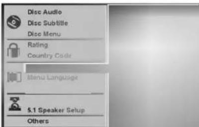 Disc Audio Disc Subtitle Disc Menu Rating Country Code Menu Language 5.1 Speaker Setup Others