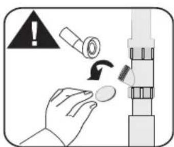 Diagram illustrating a hand holding a nail polish next to a valve, with warning symbols and an arrow indicating clockwise rotation.