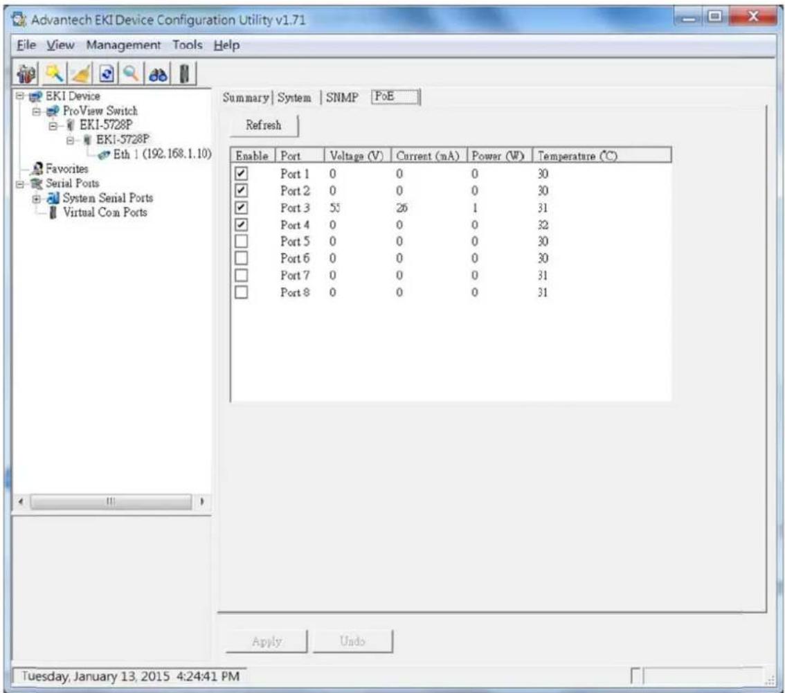 Advantech EKI Device Configuration Utility v1.71 File View Management Tools Help Summary | System | SNMP PoE Refresh Enable Port Voltage (V) Current (mA) Power (W) Temperature (°C) ✓ Port 1 0 0 0 30 ✓ Port 2 0 0 0 30 ✓ Port 3 55 26 1 31 ✓ Port 4 0 0 0 32 □ Port 5 0 0 0 30 □ Port 6 0 0 0 30 □ Port 7 0 0 0 31 □ Port 8 0 0 0 31 Apply Undo Tuesday, January 13, 2015 4:24:41 PM