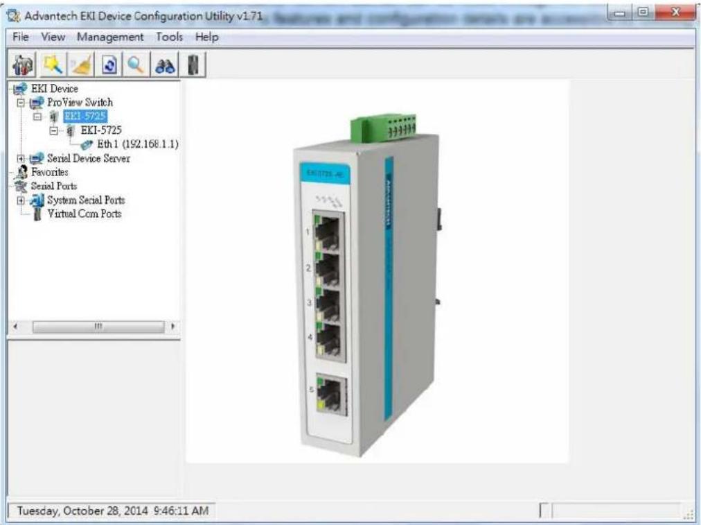 Advantech EKI Device Configuration Utility v1.71 File View Management Tools Help EKI Device ProView Switch EKI-5725 EKI-5725 Eth 1 (192.168.1.1) Serial Device Server Favorites Serial Ports System Serial Ports Virtual Com Ports EKI-5725-40 333339 Tuesday, October 28, 2014 9:46:11 AM