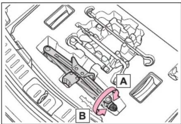 Technical diagram of a vehicle engine compartment with labeled parts A and B, showing mechanical components and structural details.