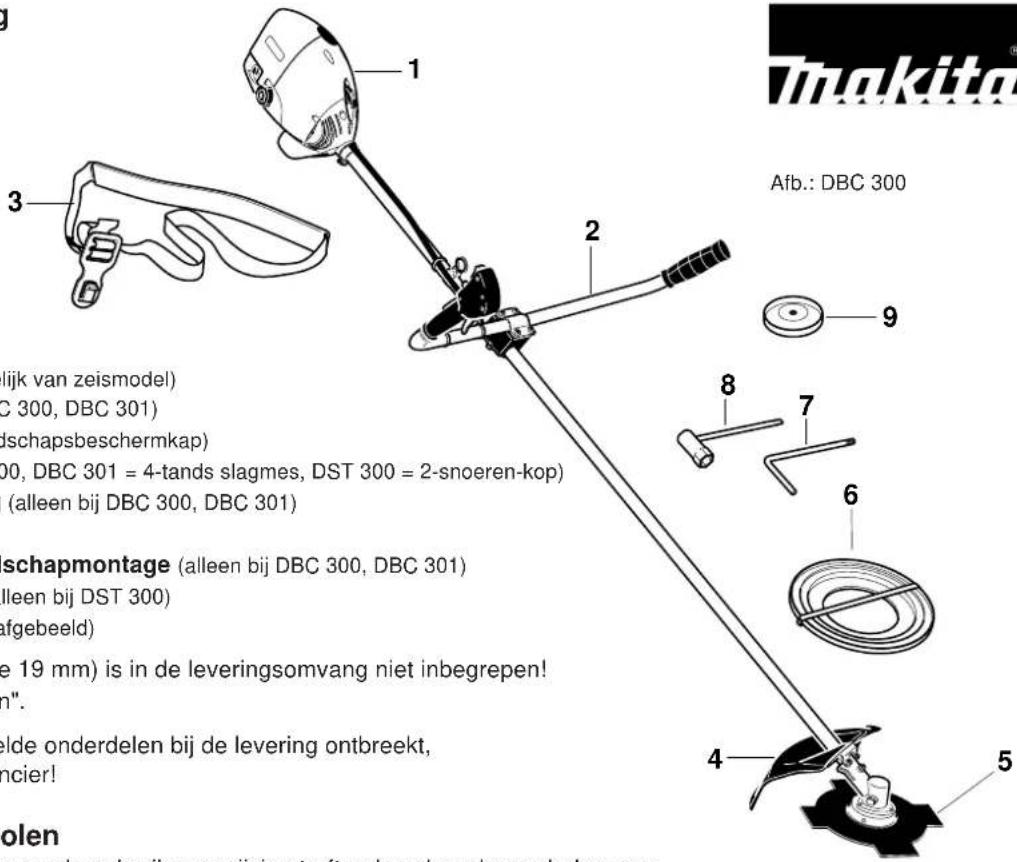 Afb.: DBC 300 1 2 3 9 8 7 6 4 5 Afsk van zeismodel) DBC 300, DBC 301) dschapsbeschermkap) DBC 301 = 4-tands slagmes, DST 300 = 2-snoeren-kop) (alleen bij DBC 300, DBC 301) schapmontage (alleen bij DBC 300, DBC 301) alleen bij DST 300) afgebeeld) de 19 mm) is in de leveringsomvang niet inbegrepen! n". elde onderdelen bij de levering ontbreekt, ancier! solen van de gehruiksaanwijzing troft u de volvends syrshelen aan