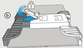 Diagram showing a device with a lock and labeled component, likely illustrating a mechanical or electronic assembly process.