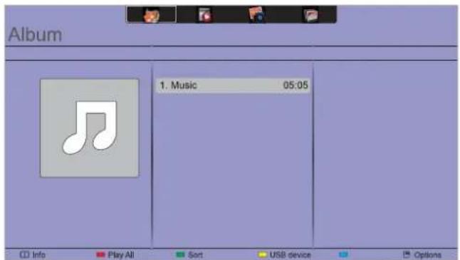 Album 1. Music 05:05 Info Play All Sort USB device Options