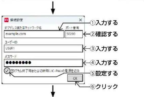 接続設定 IPアドレスまたはネットワーク名 example.com ボード者号 50200 ユーザーID USER1 パスワード プログラム終了時または切断時にIC-PW2の電源を切勿 OK ①入力する ②確認する ③入力する ④入力する ⑤設定する ⑥クリック