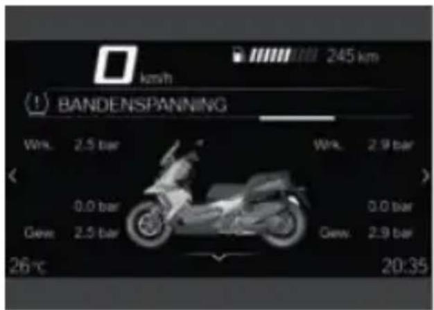 km/h 245 km BANDENSPANING Wk. 2.5 bar Wk. 2.9 bar 0.0 bar 0.0 bar Gew. 2.5 bar Gew. 2.9 bar 26 °C 20:35