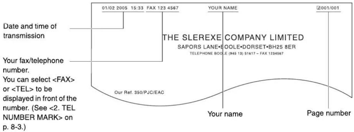 01/02 2005 15:33 FAX 123 4567 YOUR NAME 2001/001 Date and time of transmission Your fax/telephone number. You can select or to be displayed in front of the number. (See <2. TEL NUMBER MARK> on p. 8-3.) THE SLEREXE COMPANY LIMITED SAPORS LANE•BOOLE•DORSET•BH25 8ER TELEPHONE BOOLE (945 13) 51617 - FAX…