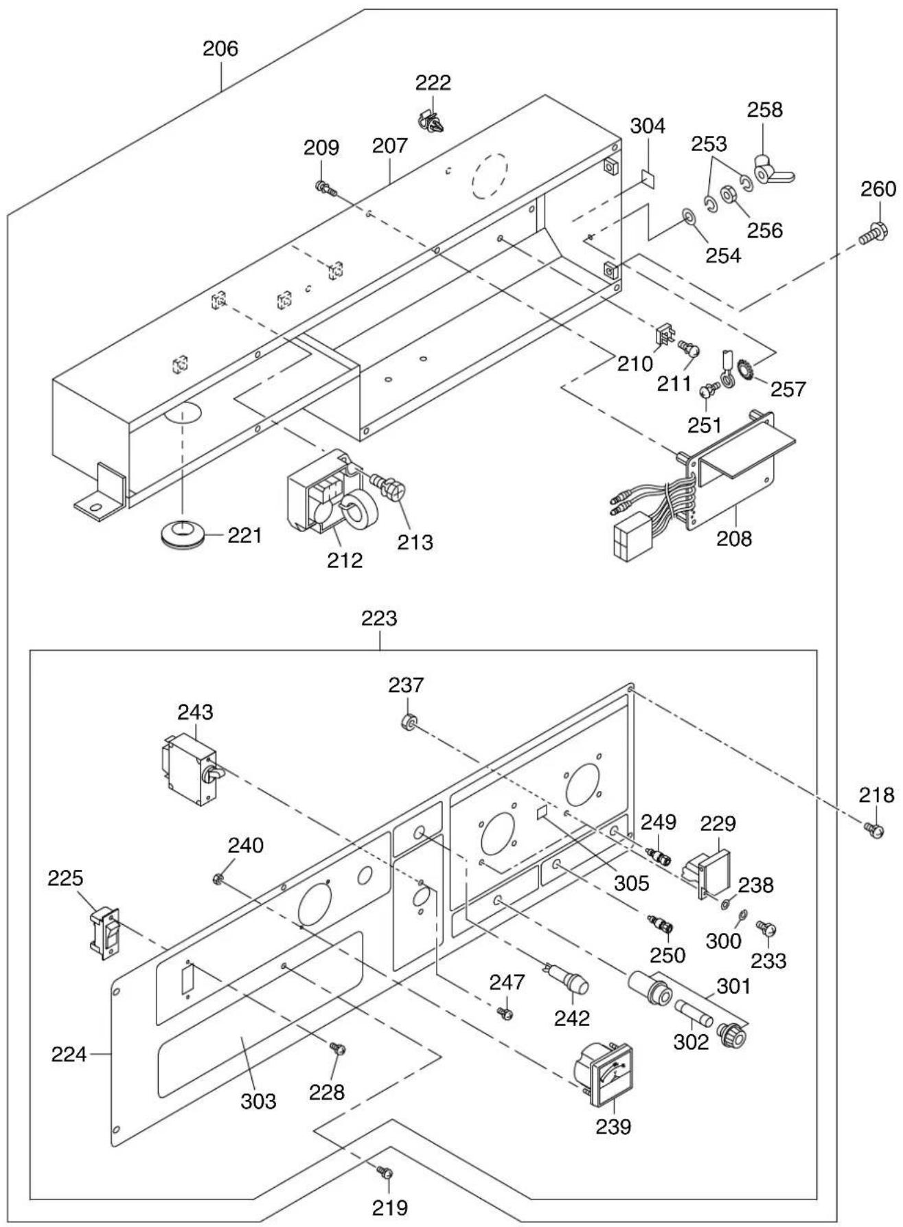 Technical diagram of an electronic device with numbered components and exploded view, showing internal wiring and housing layout.