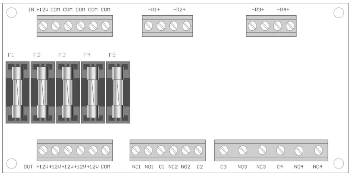 IN +12V COM COM COM COM COM -R1+ -R2+ -R3+ -R4+ F1 F2 F3 F4 F5 OUT +12V+12V+12V+12V+12V COM NC1 NO1 C1 NC2 NO2 C2 C3 NO3 NC3 C4 NO4 NC4