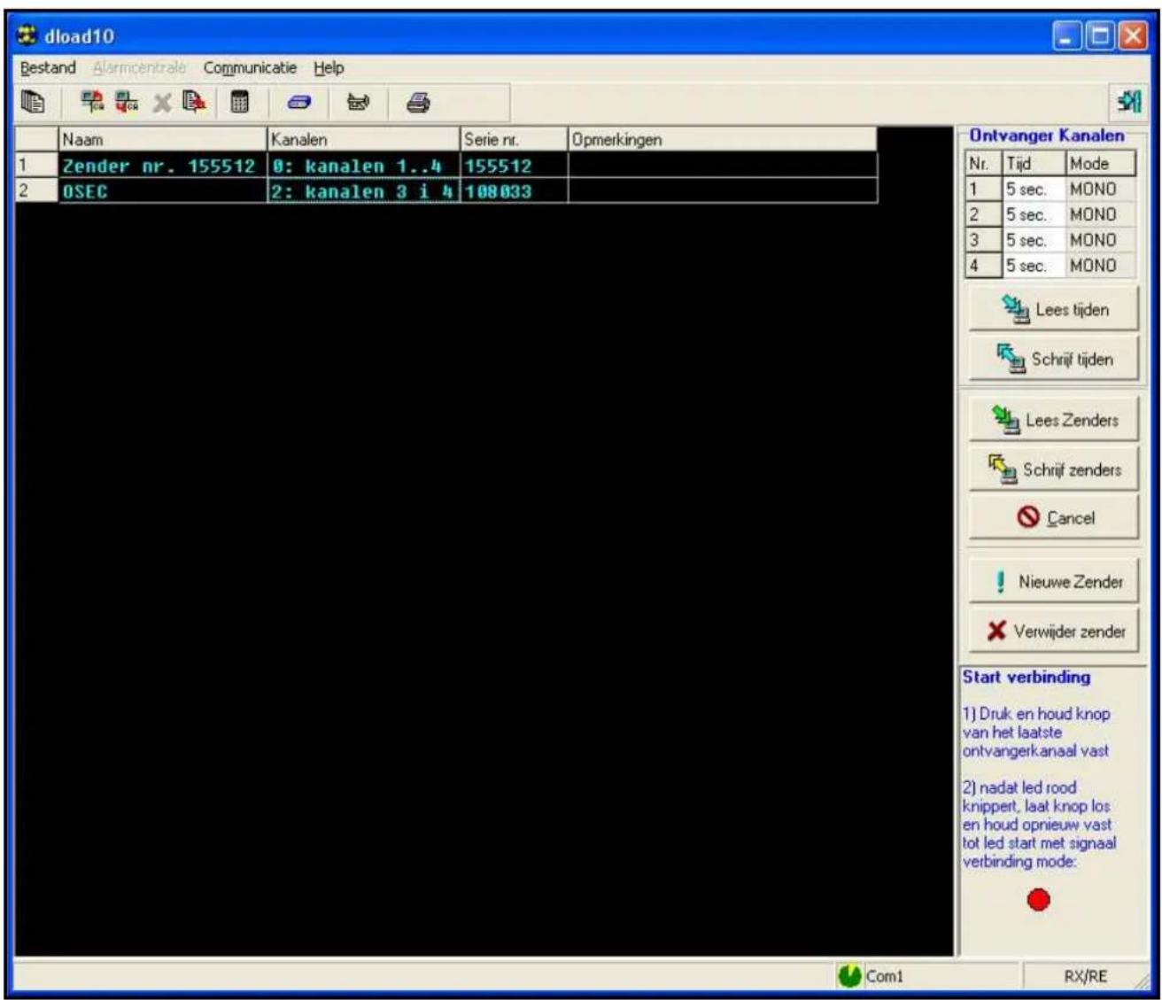 dload10 Bestand Alarmcentrale Communicatie Help Naam Kanalen Serie nr. Opmerkingen 1 Zender nr. 155512 0: kanalen 1..4 155512 2 OSEC 2: kanalen 3 i 4 108033 Ontvanger Kanalen Nr. Tijd Mode 1 5 sec. MONO 2 5 sec. MONO 3 5 sec. MONO 4 5 sec. MONO Lees tijden Schrijf tijden Lees Zenders Schrijf zenders…