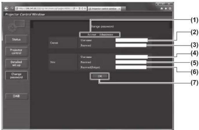 Projector Control Window Status Projector control Detailed set up Change passwords Change password Account - Administrator User name: Password New User name: Password: Password(Orange) OK (1) (2) (3) (4) (5) (6) (7)