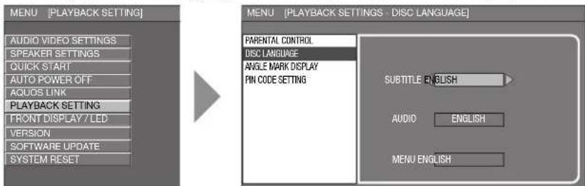 MENU [PLAYBACK SETTING] AUDIO VIDEO SETTINGS SPEAKER SETTINGS QUICK START AUTO POWER OFF AQUOS LINK PLAYBACK SETTING FRONT DISPLAY / LED VERSION SOFTWARE UPDATE SYSTEM RESET MENU [PLAYBACK SETTINGS - DISC LANGUAGE] PARENTAL CONTROL DISC LANGUAGE ANGLE MARK DISPLAY PIN CODE SETTING SUBTITLE ENGLISH AUDIO ENGLISH MENU ENGLISH