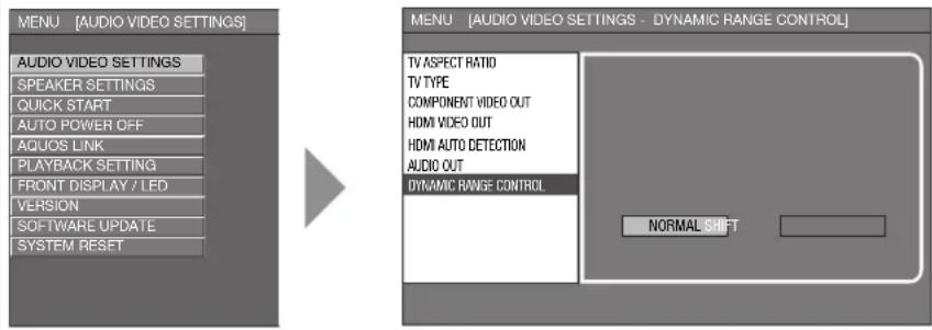 MENU [AUDIO VIDEO SETTINGS] AUDIO VIDEO SETTINGS SPEAKER SETTINGS QUICK START AUTO POWER OFF AQUOS LINK PLAYBACK SETTING FRONT DISPLAY / LED VERSION SOFTWARE UPDATE SYSTEM RESET MENU [AUDIO VIDEO SETTINGS - DYNAMIC RANGE CONTROL] TV ASPECT RATIO TV TYPE COMPONENT VIDEO OUT HDMI VIDEO OUT HDMI AUTO DETECTION AUDIO OUT DYNAMIC RANGE CONTROL NORMAL SHIFT