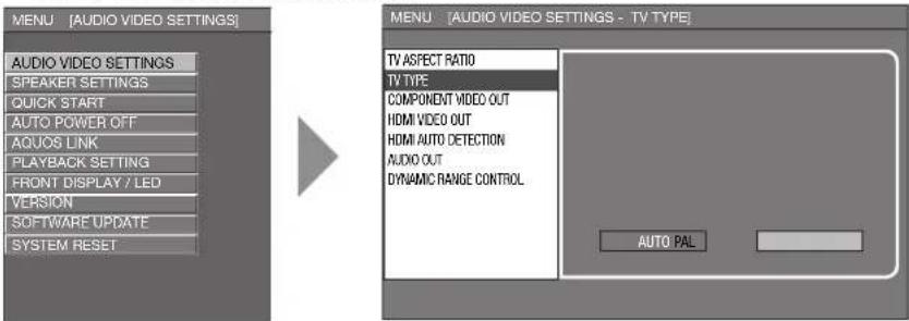 MENU [AUDIO VIDEO SETTINGS] AUDIO VIDEO SETTINGS SPEAKER SETTINGS QUICK START AUTO POWER OFF AQUOS LINK PLAYBACK SETTING FRONT DISPLAY / LED VERSION SOFTWARE UPDATE SYSTEM RESET MENU [AUDIO VIDEO SETTINGS - TV TYPE] TV ASPECT RATIO TV TYPE COMPONENT VIDEO OUT HDMI VIDEO OUT HDMI AUTO DETECTION AUDIO OUT DYNAMIC RANGE CONTROL AUTO PAL