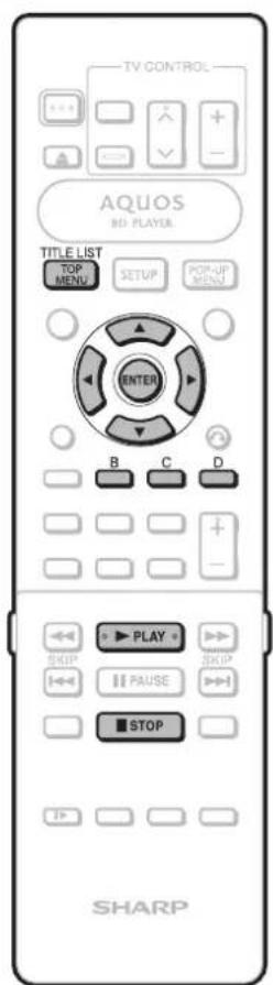 TV CONTROL AQUOS BD PLAYER TITLE LIST TOP MENU SETUP POP-UP MENU ENTER B C D PLAY SKIP FAUSE STOP SHARP