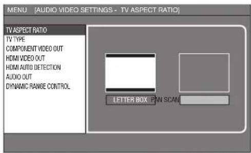 MENU [AUDIO VIDEO SETTINGS - TV ASPECT RATIO] TV ASPECT RATIO TV TYPE COMPONENT VIDEO OUT HDMI VIDEO OUT HDMI AUTO DETECTION AUDIO OUT DYNAMIC RANGE CONTROL LETTER BOX P/N SCAN