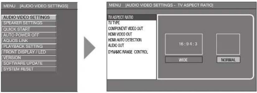 MENU [AUDIO VIDEO SETTINGS] AUDIO VIDEO SETTINGS SPEAKER SETTINGS QUICK START AUTO POWER OFF AQUOS LINK PLAYBACK SETTING FRONT DISPLAY / LED VERSION SOFTWARE UPDATE SYSTEM RESET MENU [AUDIO VIDEO SETTINGS - TV ASPECT RATIO] TV ASPECT RATIO TV TYPE COMPONENT VIDEO OUT HDMI VIDEO OUT HDMI AUTO DETECTION AUDIO OUT DYNAMIC RANGE CONTROL 16:9:4:3 WIDE NORMAL