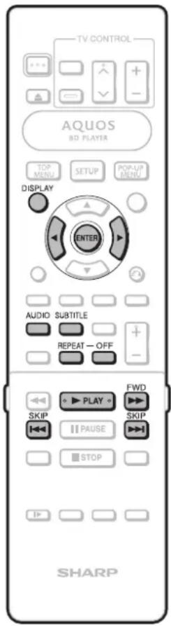 TV CONTROL AQUOS BD PLAYER TOP MENU SETUP POP-UP MENU DISPLAY ENTER AUDIO SUBTITLE REPEAT — OFF FWD SKIP PLAY SKIP PAUSE STOP SHARP
