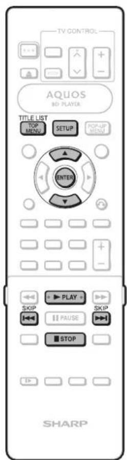 TV CONTROL AQUOS 80 PLAYER TITLE LIST TOP MENU SETUP POP-UP MENU ENTER PLAY SKIP PAUSE STOP SHARP