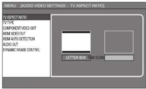 MENU [AUDIO VIDEO SETTINGS - TV ASPECT RATIO] TV ASPECT RATIO TV TYPE COMPONENT VIDEO OUT HDMI VIDEO OUT HDMI AUTO DETECTION AUDIO OUT DYNAMIC RANGE CONTROL LETTER BOX PAN SCAN
