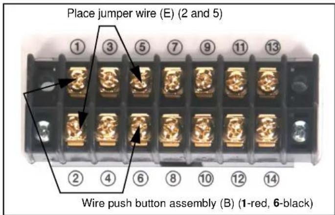Place jumper wire (E) (2 and 5) Wire push button assembly (B) (1-red, 6-black)
