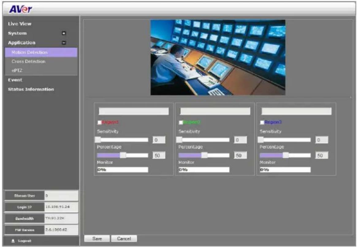 AVer Live View System Application Motion Detection Cross Detection ePTZ Event Status Information Stream User 0 Login IP 10.100.91.24 Bandwidth TK:91.32K FW Version 2.6.1090.62 Logout Save Cancel Region3 Sensitivity 0 Percentage 50 Monitor 0% Region2 Sensitivity 0 Percentage 50 Monitor 0% Region3 Sensitivity 0 Percentage 50 Monitor 0%