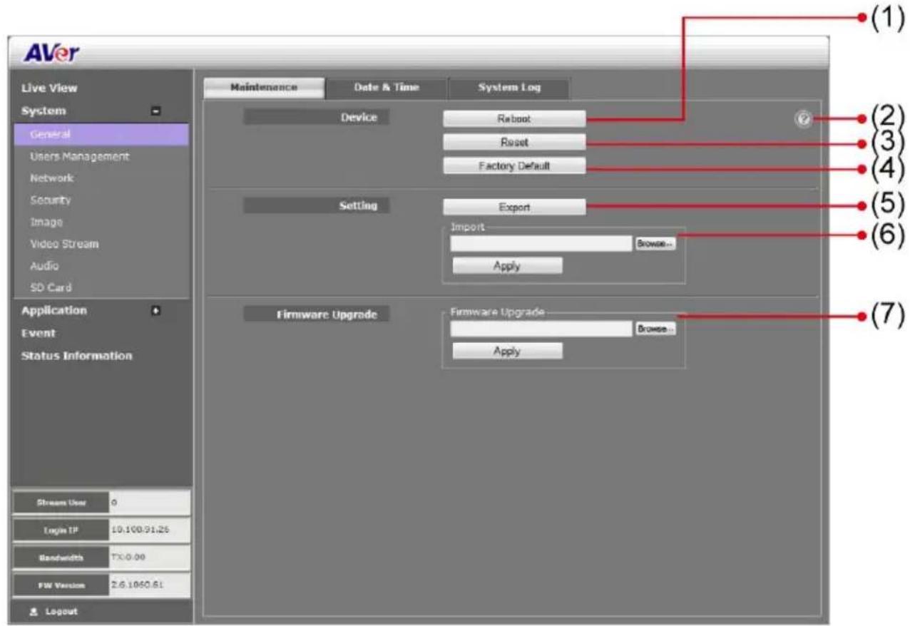 AVer Live View System General Users Management Network Security Image Video Stream Audio SD Card Application Event Status Information Stream User 0 Login TP 10.100.91.26 Bandwidth TX:0.00 FW Version 2.6.1060.61 Layout Maintenance Date & Time System Log Device Rboot Reset Factory Default Setting Export Import Browse... Apply Firmware Upgrade Firmware Upgrade Browse... Apply (1) (2) (3) (4) (5) (6) (7)