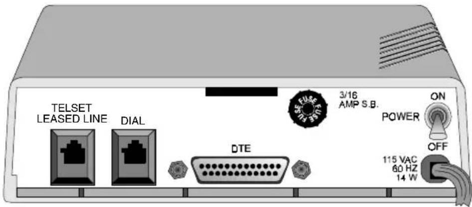 TELSET LEASED LINE DIAL DTE 3/16 AMP S.B. POWER ON OFF 115 VAC 60 Hz 14 W