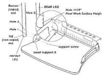 Bottom (coped) and Hole 2 Hole 3 Hole 1 Top (non-coped) and FRITING LEG REAR LEG Hole 2 Hole 1=20" Final Work Surface Height support screw Small Support X