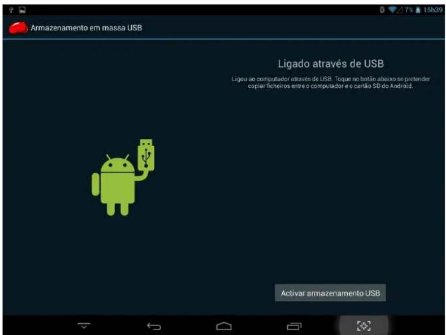 Armazenamento em massa USB Ligado através de USB Ligou ao computador através de USB. Toque no bratão abaixo se pretender copiar ficheiros entre o computador e o cartão SD do Android. Activar armazenamento USB