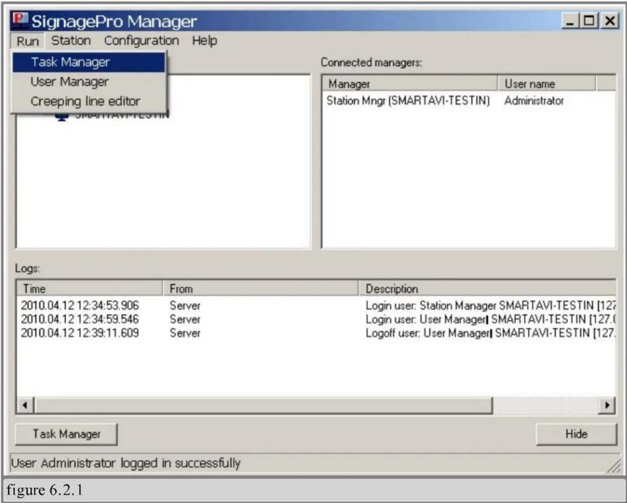 SignagePro Manager Run Station Configuration Help Task Manager User Manager Creeping line editor Connected managers: Manager User name Station Mngr (SMARTAVI-TESTIN) Administrator Logs: Time From Description 2010.04.12 12:34:53.906 Server Login user: Station Manager SMARTAVI-TESTIN [127.0] 2010.04.1…