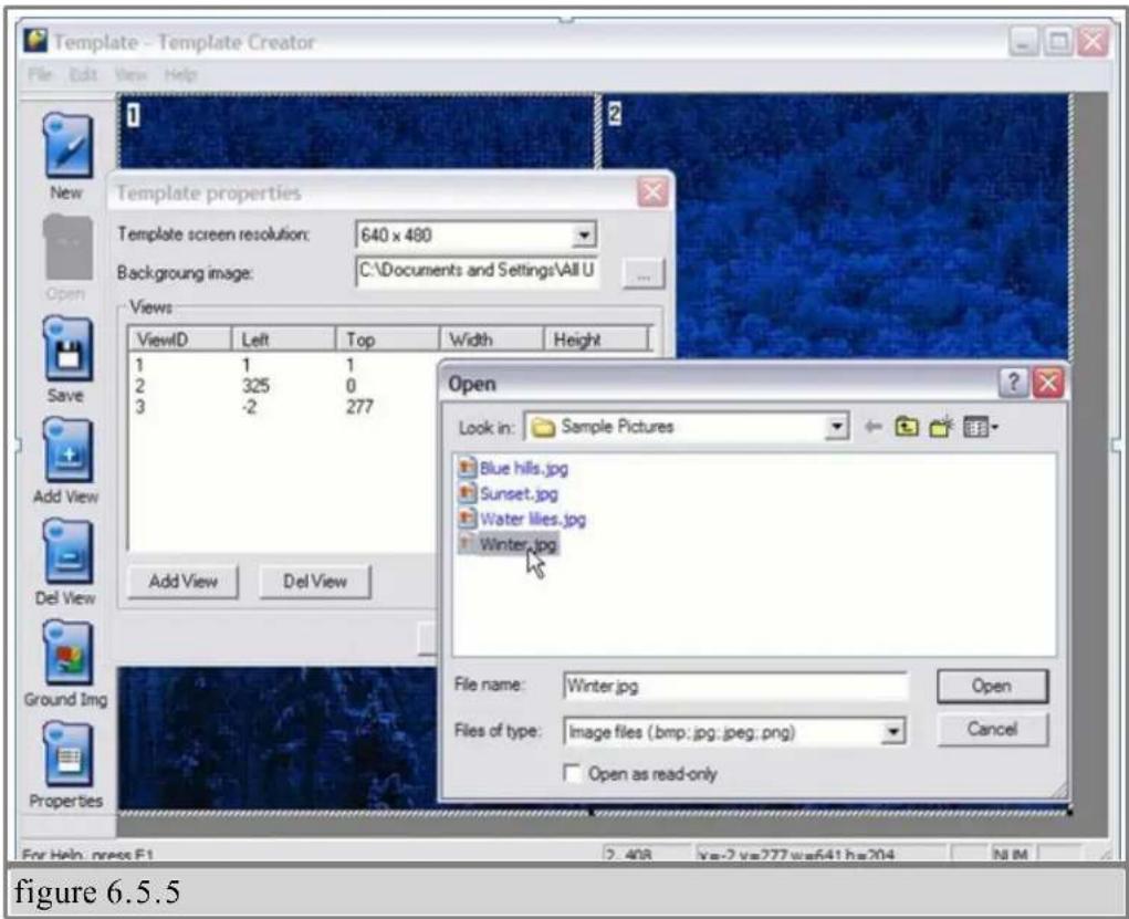 Template - Template Creator File Edit View Help 1 2 Template properties Template screen resolution: 640 x 480 Background image: C:\Documents and Settings\All U Views ViewID Left Top Width Height 1 1 1 2 325 0 3 -2 277 Add View Del View Open Look in: Sample Pictures Blue hills.jpg Sunset.jpg Water li…