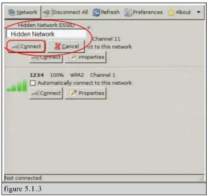 Network Disconnect All Refresh Preferences About Hidden Network ESSID V: Hidden Network Channel 11 Connect Cancel Not connected Figure 5.1.3