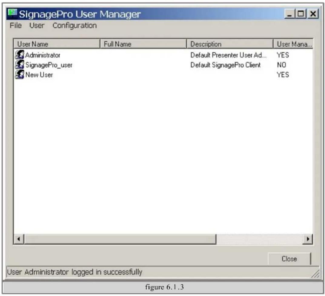 SignagePro User Manager File User Configuration User Name Full Name Description User Mana... Administrator Default Presenter User Ad... YES SignagePro_user Default SignagePro Client N0 New User YES User Administrator logged in successfully figure 6.1.3