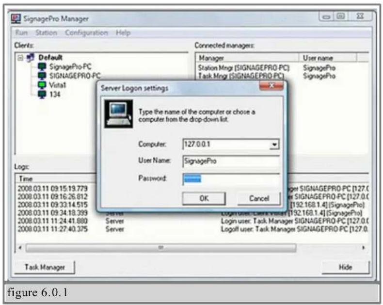 SignagePro Manager Run Station Configuration Help Clients: Default SignagePro-PC SIGNAGEPRO-PC Vital 134 Connected managers: Manager User name Station Mngr (SIGNAGEPRO-PC) SignagePro Task Mngr (SIGNAGEPRO-PC) SignagePro Server Logon settings Type the name of the computer or chose a computer from the…