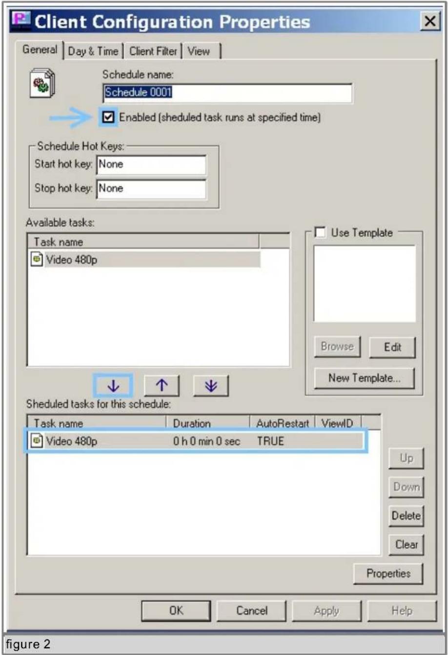 Client Configuration Properties General | Day & Time | Client Filter | View | Schedule name: Schedule 0001 Enabled (sheduled task runs at specified time) Schedule Hot Keys: Start hot key: None Stop hot key: None Available tasks: Task name Video 480p Use Template Browse Edit New Template... Sheduled…