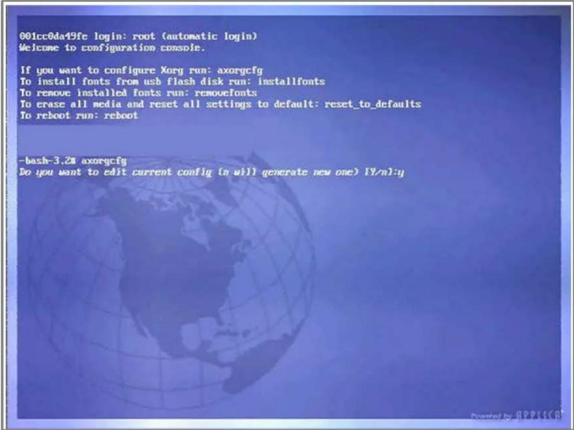 001cc0da49fe login: root (automatic login) Welcome to configuration console. If you want to configure Xorg run: axorgcfg To install fonts from usb flash disk run: installfonts To remove installed fonts run: removefonts To erase all media and reset all settings to default: reset_to_defaults To reboot…