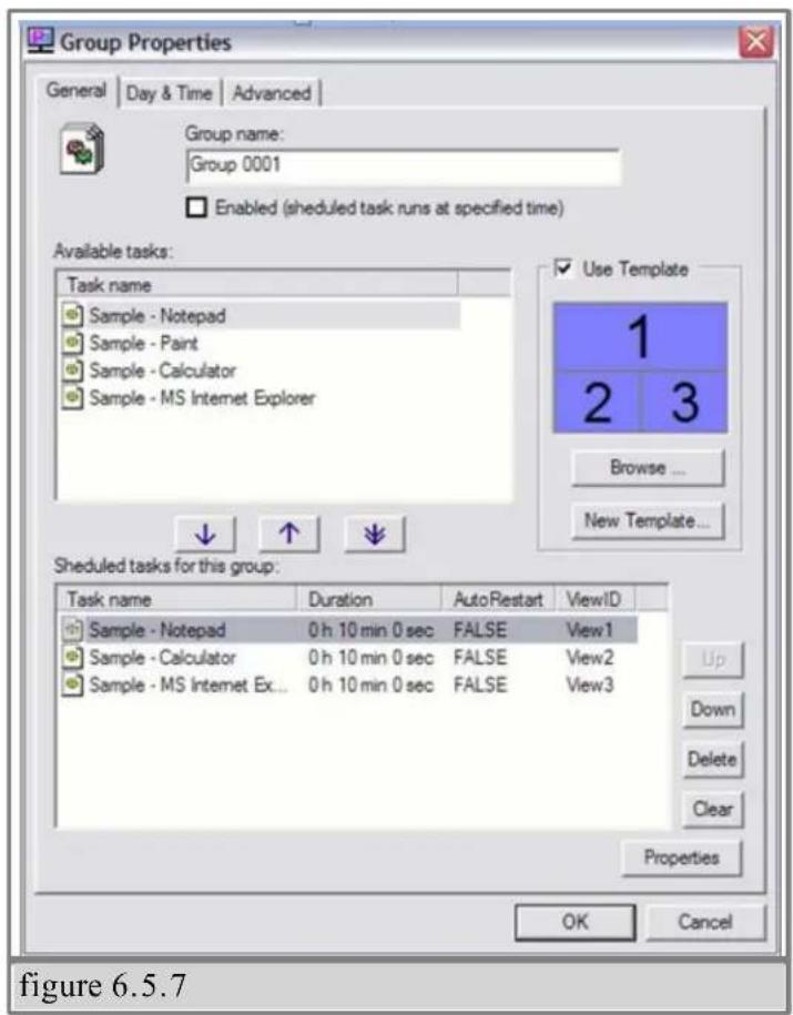 Group Properties General | Day & Time | Advanced | Group name: Group 0001 Enabled (sheduled task runs at specified time) Available tasks: Task name Sample - Notepad Sample - Paint Sample - Calculator Sample - MS Internet Explorer Use Template 1 2 3 Browse ... New Template... Sheduled tasks for this…
