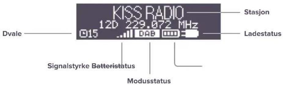 KISS RADIO 12D 229.072 MHz Dvale Stasjon DAB Ladestatus Signalstyrke Batteristatus Modusstatus