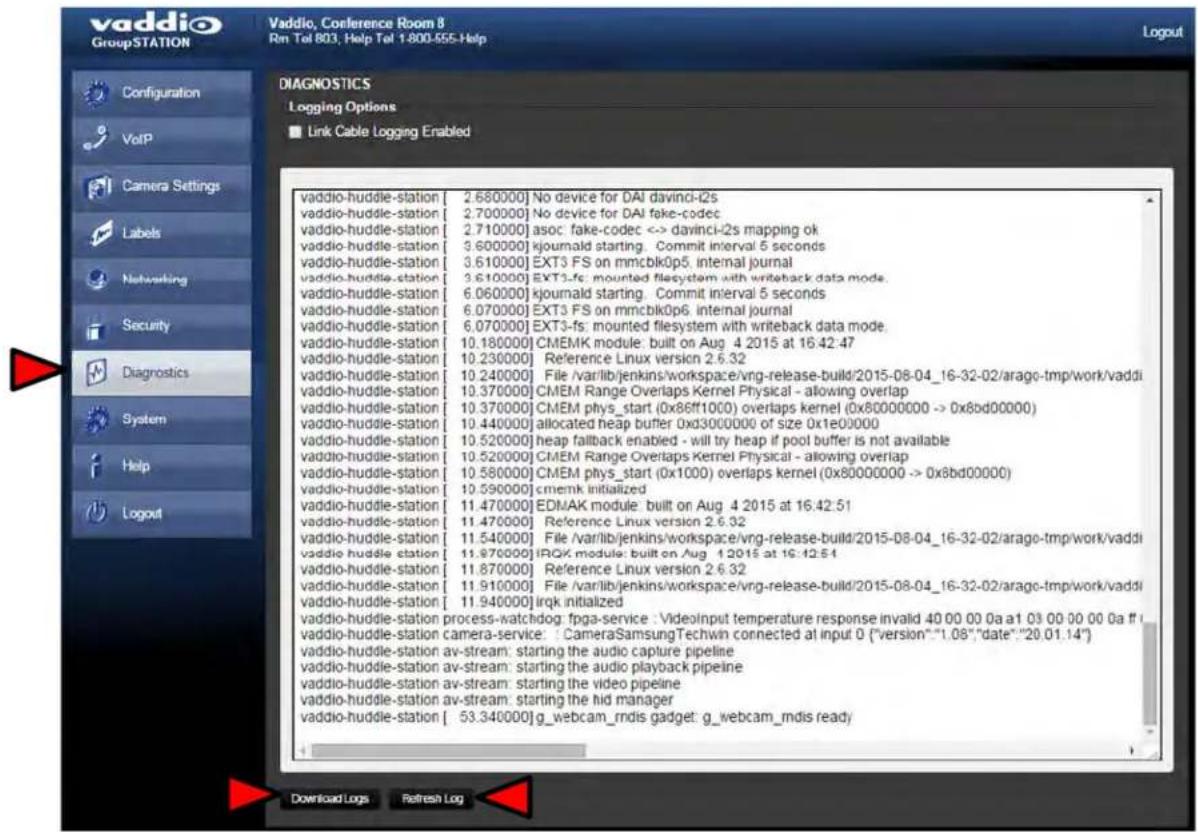 vaddio Group STATION Vaddio, Conference Room 8 Rm Tel 803, Help Tel 1.800-555-Help Configuration VoIP Camera Settings Labels Networking Security Diagnostics System Help Logout DIAGNOSTICS Logging Options Link Cable Logging Enabled vaddio-huddle-station [ 2.680000] No device for DAI davinci-i2s vaddio-huddle-station [ 2.700000] No device for DAI fake-codec vaddio-huddle-station [ 2.710000] asoc: fake-codec <-> davinci-i2s mapping ok vaddio-huddle-station [ 3.600000] kjournald starting. Commit interval 5 seconds vaddio-huddle-station [ 3.610000] EXT3 FS on mmcblk0p5, internal journal vaddio-huddle-station [ 3.610000] EXT3-fs: mounted filesystem with writeback data mode. vaddio-huddle-station [ 6.060000] kjournald starting. Commit interval 5 seconds vaddio-huddle-station [ 6.070000] EXT3 FS on mmcblk0p6, internal journal vaddio-huddle-station [ 6.070000] EXT3-fs: mounted filesystem with writeback data mode. vaddio-huddle-station [ 10.180000] CMEMK module: built on Aug 4 2015 at 16:42:47 vaddio-huddle-station [ 10.230000] Reference Linux version 2.6.32 vaddio-huddle-station [ 10.240000] File /var/lib/jenkins/workspace/vrg-release-build/2015-08-04_16-32-02/arago-tmp/work/vaddi vaddio-huddle-station [ 10.370000] CMEM Range Overlaps Kernel Physical - allowing overlap vaddio-huddle-station [ 10.370000] CMEM phys_start (0x86ff1000) overlaps kernel (0x80000000 -> 0x8bd00000) vaddio-huddle-station [ 10.440000] allocated heap buffer 0xd3000000 of size 0x1e0000 vaddio-huddle-station [ 10.520000] heap fallback enabled - will try heap if pool buffer is not available vaddio-huddle-station [ 10.520000] CMEM Range Overlaps Kernel Physical - allowing overlap vaddio-huddle-station [ 10.580000] CMEM phys_start (0x1000) overlaps kernel (0x80000000 -> 0x8bd00000) vaddio-huddle-station [ 10.590000] cmemk initialized vaddio-huddle-station [ 11.470000] EDM/AK module: built on Aug 4 2015 at 16:42:51 vaddio-huddle-station [ 11.476000] Reference Linux version 2.6.32 vaddio-huddle-station [ 11.540000] File /var/lib/jenkins/workspace/vrg-release-build/2015-08-04_16-32-02/arago-tmp/work/vaddi vaddio-huddle-station [ 11.976000] IRQ module: built on Aug 1 2015 at 16:12:54 vaddio-huddle-station [ 11.876777] Reference Linux version 2.6.32 vaddio-huddle-station [ 11.916777] File /var/lib/jenkins/workspace/vrg-release-build/2015-08-04_16-32-02/arago-tmp/work/vaddi vaddio-huddle-station [ 11.946777] IRQ initialized vaddio-huddle-station process-watchdog: fpga-service : Videolnput temperature response invalid 49.99.99.99a a1 93.99.99.99a ff vaddio-huddle-station camera-service : CameraSamsungTechwin connected at input 0 ("version":"1.98","date":"29.99.99.99a ff" vaddio-huddle-station av-stream: starting the audio capture pipeline vaddio-huddle-station av-stream: starting the audio playback pipeline vaddio-huddle-station av-stream: starting the video pipeline vaddio-huddle-station av-stream: starting the hid manager vaddio-huddle-station [ 53.346777] g_webcam_rndis gadget: g_webcam_rmdis ready