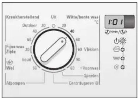 Kreukherstellend Outdoor 30 °C 40 60 Fijnowas Zijde 30 koud Wol 30 Afpompen Uit 30 40 60 60 Vlekken 90 +Voorwas Spoelen Centrifugeren ©1 Witte/bonte was °C 1:01 hmin/h