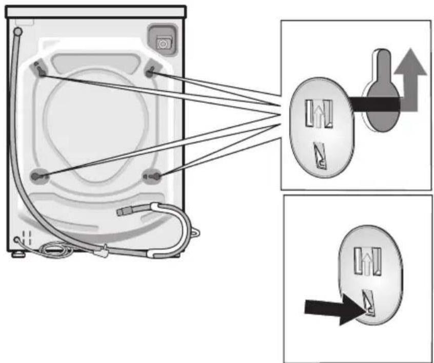 Diagram illustrating the installation of a washing machine with cable and socket, showing component assembly and mounting instructions.