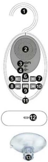 Diagram of a device with numbered components and labeled parts, including a hanging hook and three labeled views (13, 12, 11).