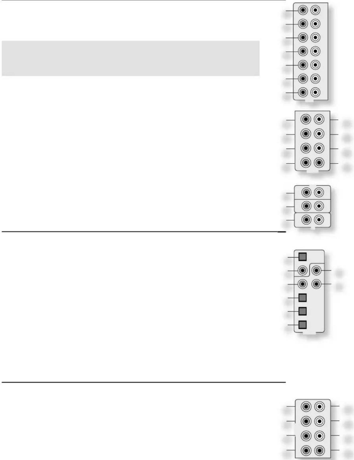 Diagram showing four types of electronic connectors with pin labels and connection points, likely representing a circuit or connector layout.