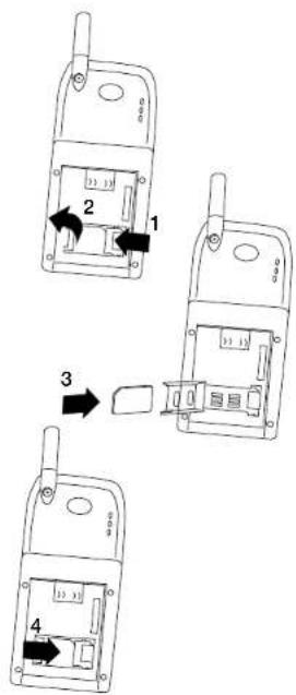 Diagram showing four steps of a mobile phone device with labeled parts and directional arrows indicating sequence.