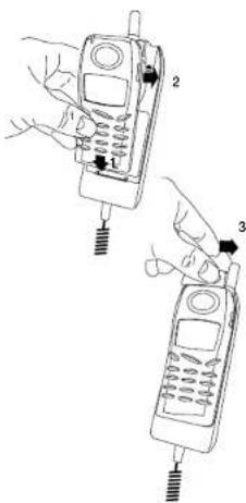 Diagram showing three labeled hands operating a mobile phone with pins and cables, likely illustrating a manual or electrical setup.