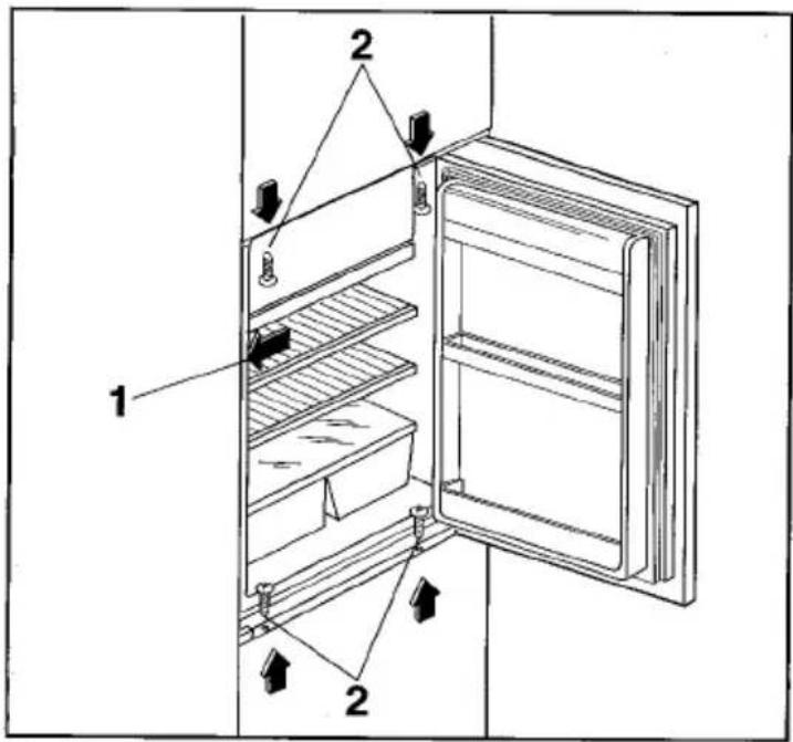 Diagram of an open refrigerator with labeled parts, showing internal structure and mounting points.